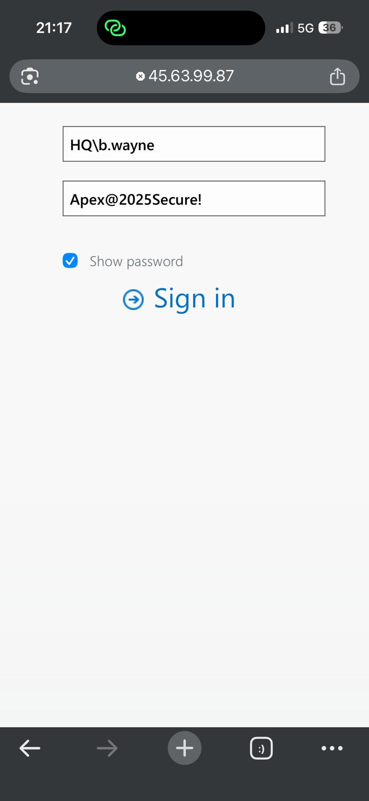 Mobile browser displaying OWA login page on server IP 45.63.99.87 with user credentials entered